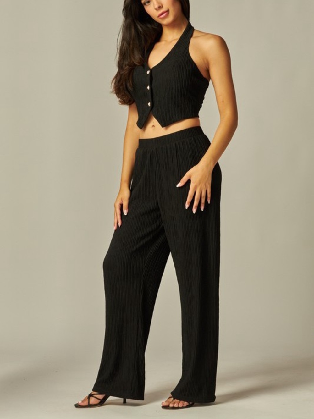 Halter vest top and Wide-Leg Pants crinkle style set